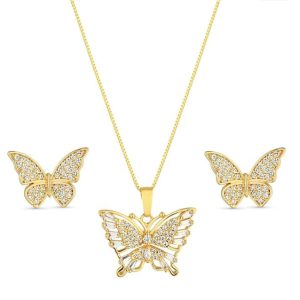 Conjunto Borboleta com Colar e Brincos Banhado a Ouro 18k